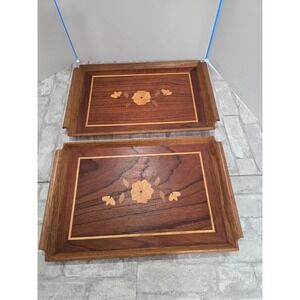 2 Vintage Mid Century Riekes Crisa‎ Wood Inlay Tray Spline Joints Floral Motif